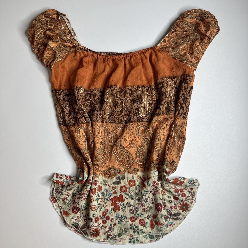 Vintage Boho Patchwork Size Small Top Puff Sleeve Floral Paisley Y2K Milkmaid - Picture 4 of 12